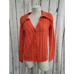 Women's‎ Medium Vertigo Orange Open Weave 1/4 Button Pullover Sweater Top NEW